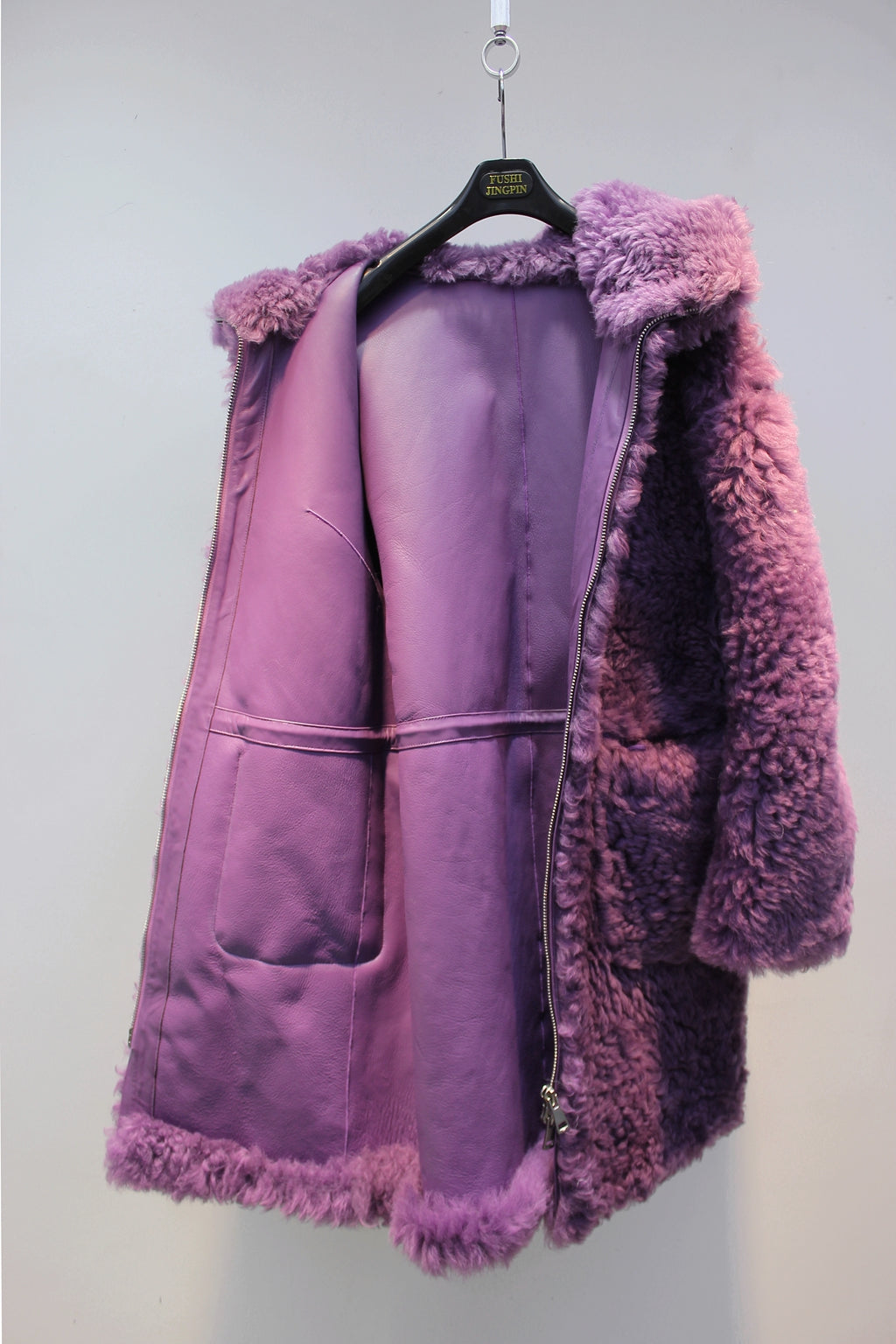 Icelandic imported sheepskin all-in-one Nordic style hooded mid-length fur coat