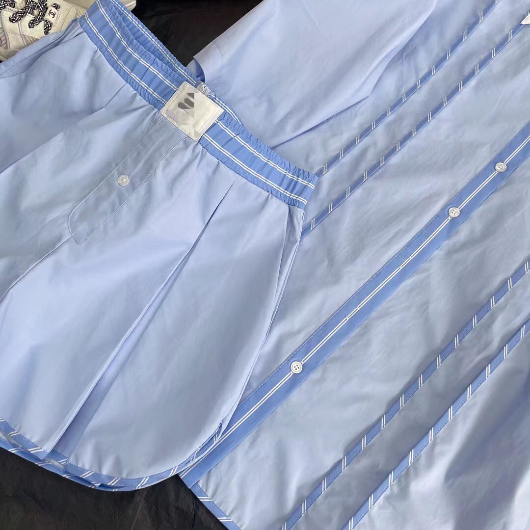 Lazy style contrast striped embroidered lapel sun protection shirt casual shorts suit