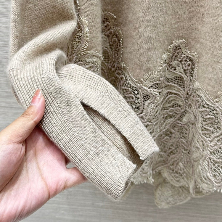 Crew neck lace appliqué cashmere sweater