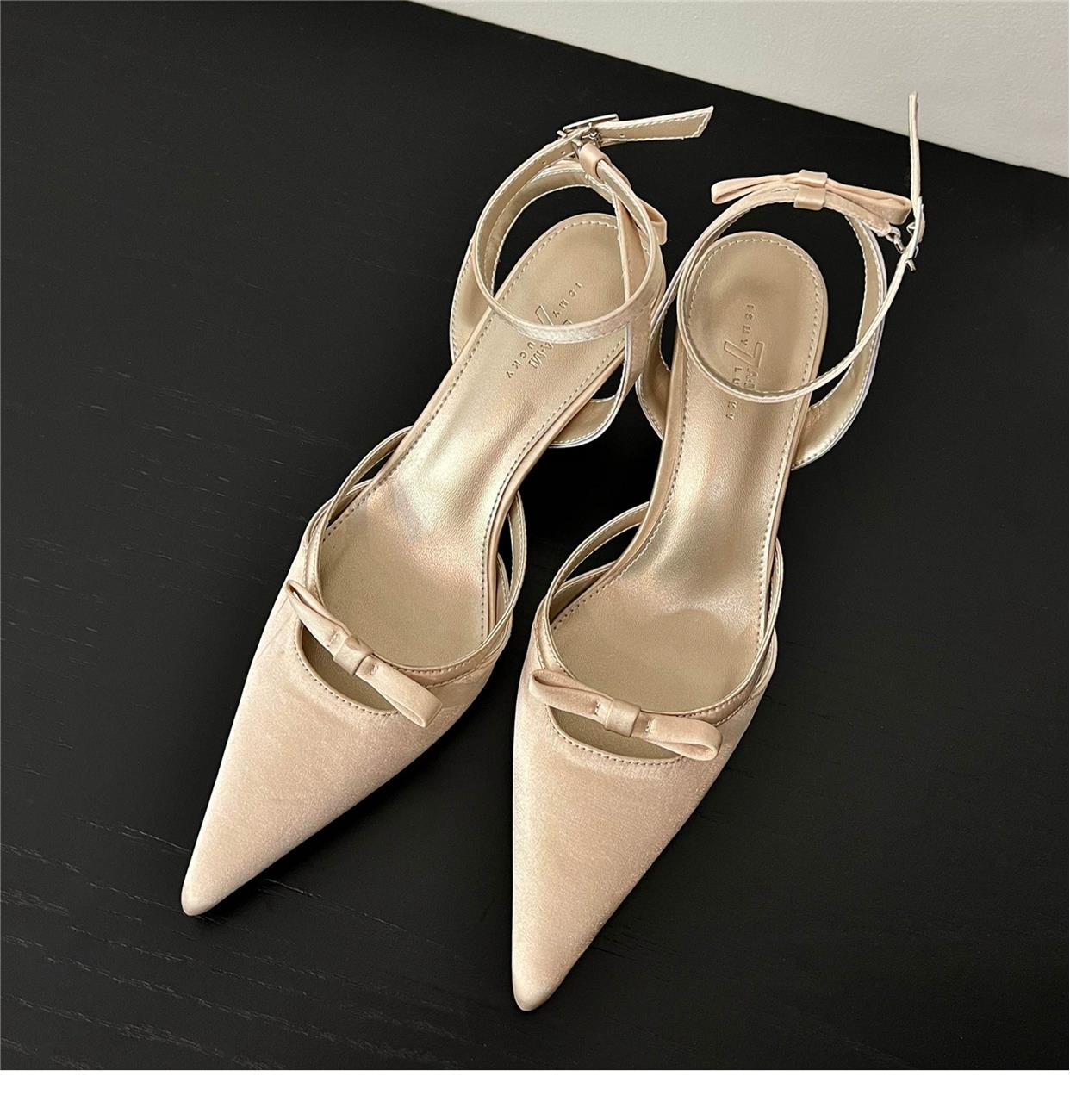 Pointed toe bow buckle strap stiletto high heel sandals