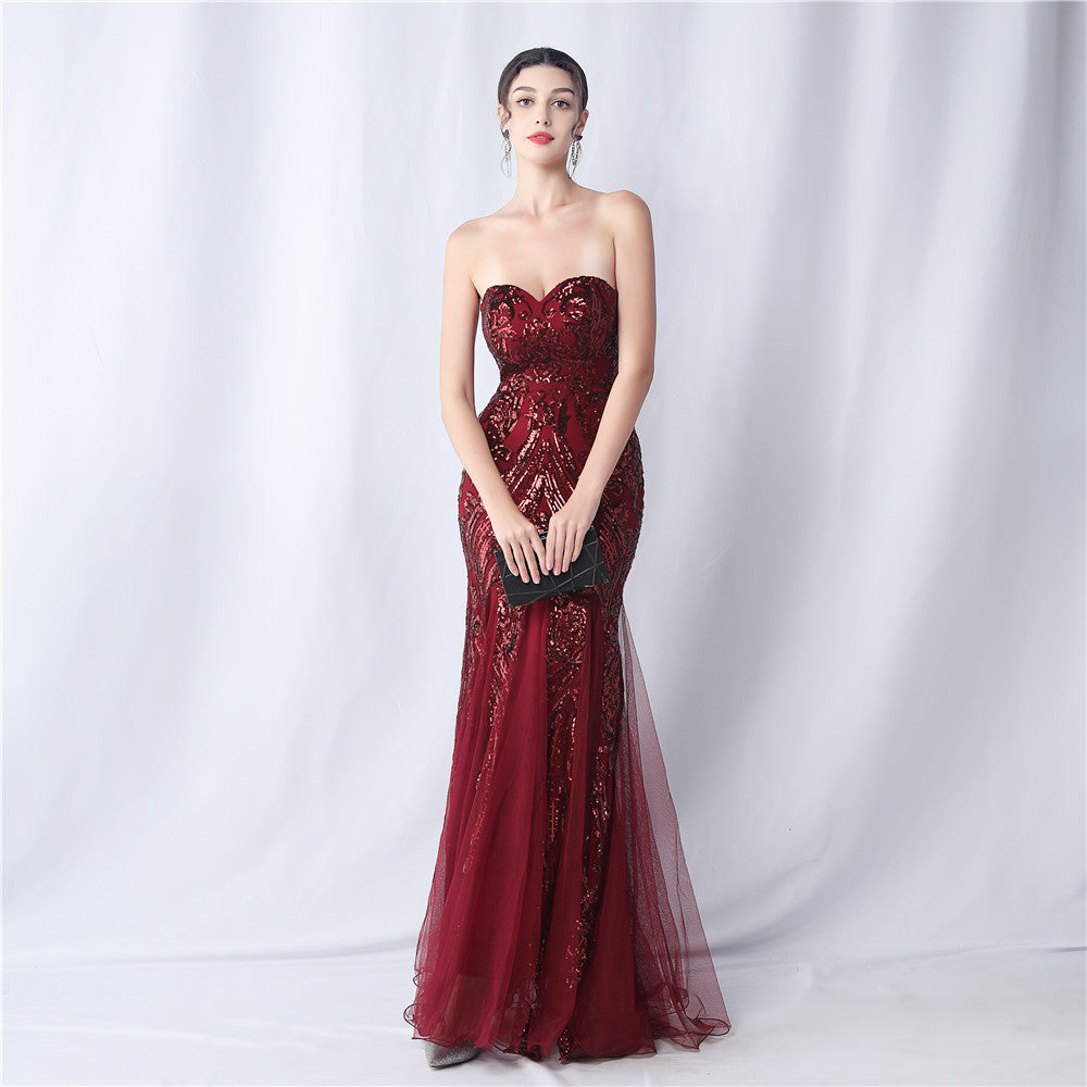 High-end sparkling evening long tube top evening dress