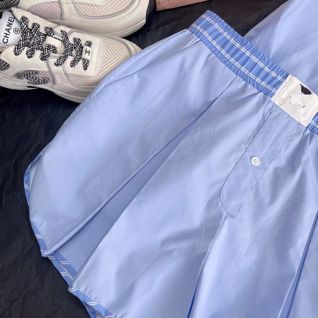 Lazy style contrast striped embroidered lapel sun protection shirt casual shorts suit