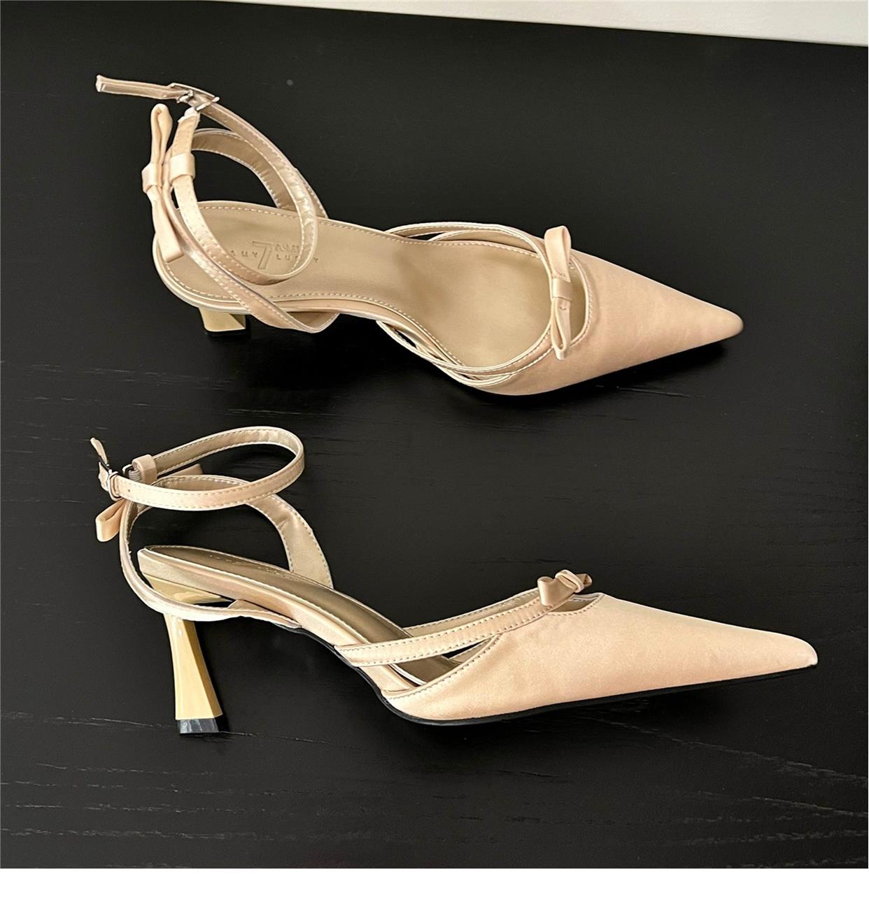 Pointed toe bow buckle strap stiletto high heel sandals