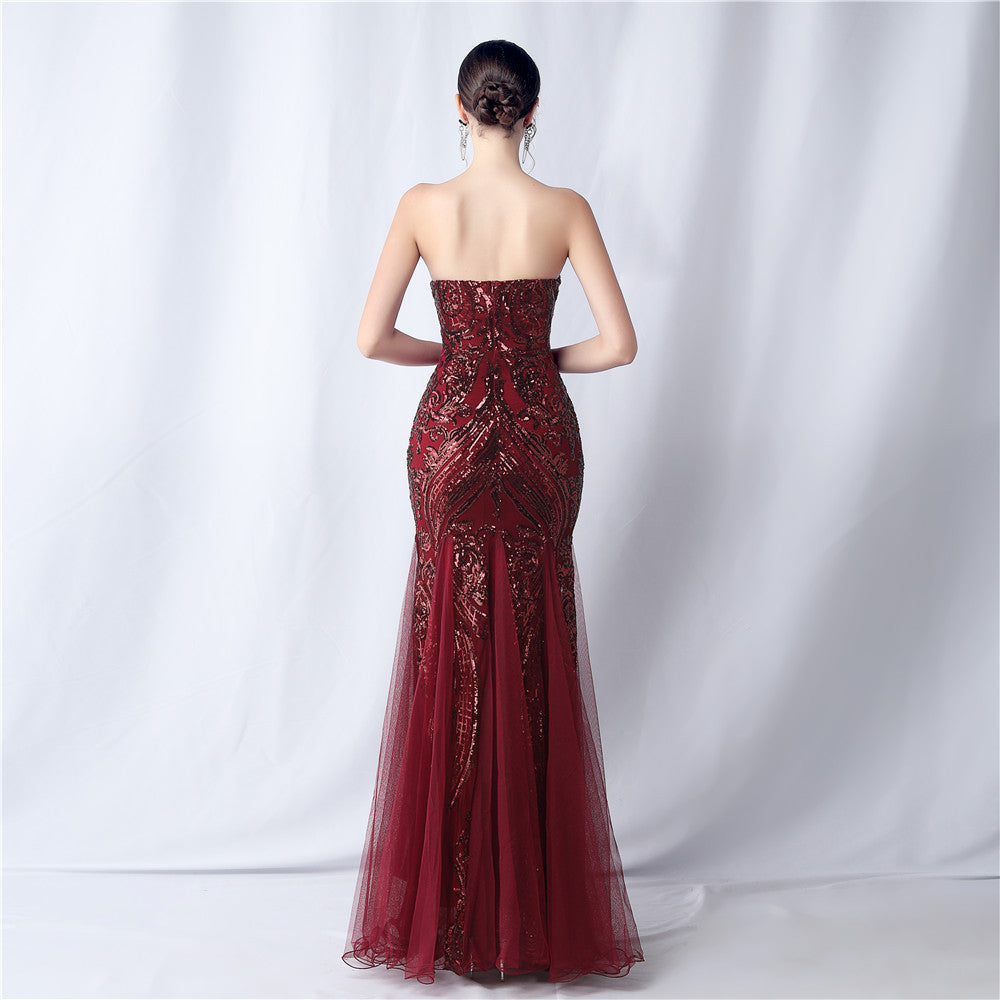 High-end sparkling evening long tube top evening dress