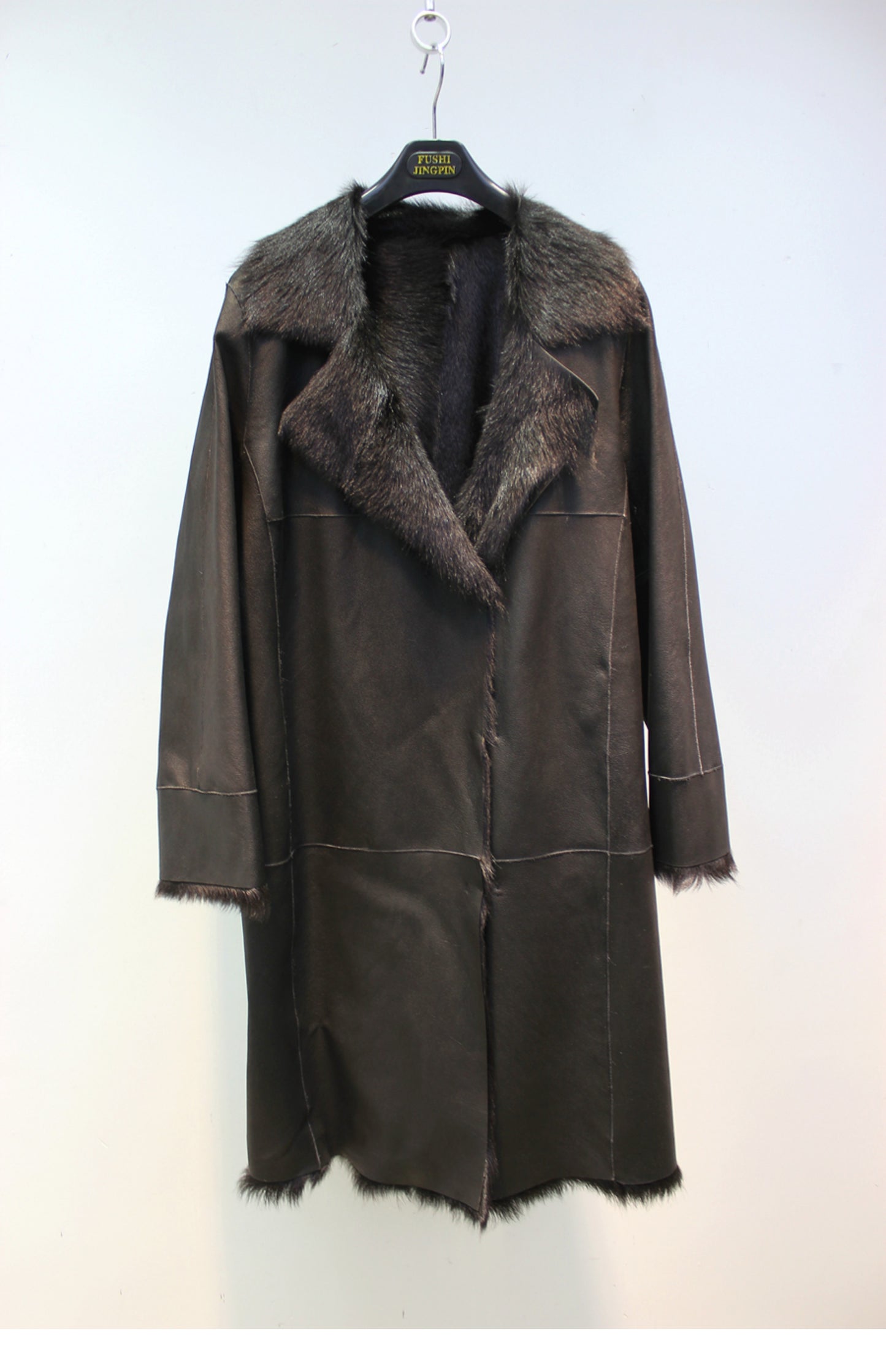 Lmported goat fur all-in-one mid-length windbreaker style slim-fit genuine leather coat
