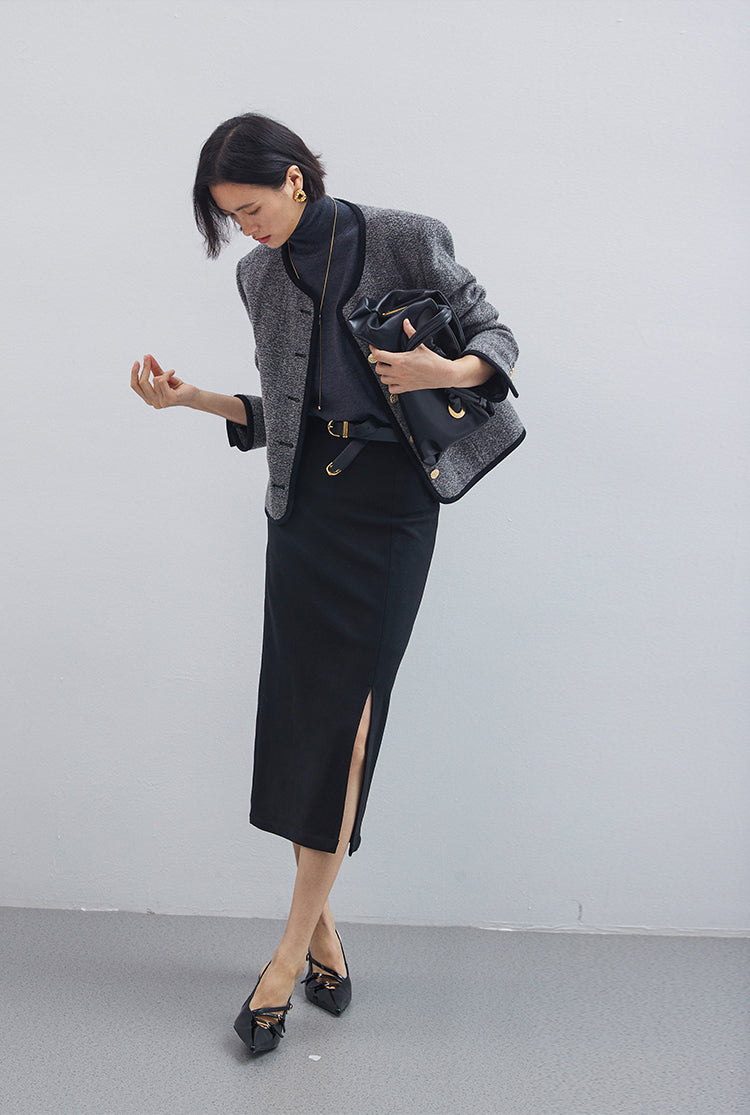Straight stretch knitted wool pencil skirt with high fine count Australian wool
