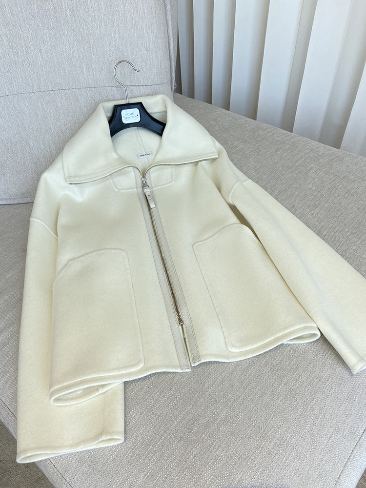 Double-faced cashmere short zip-up coat