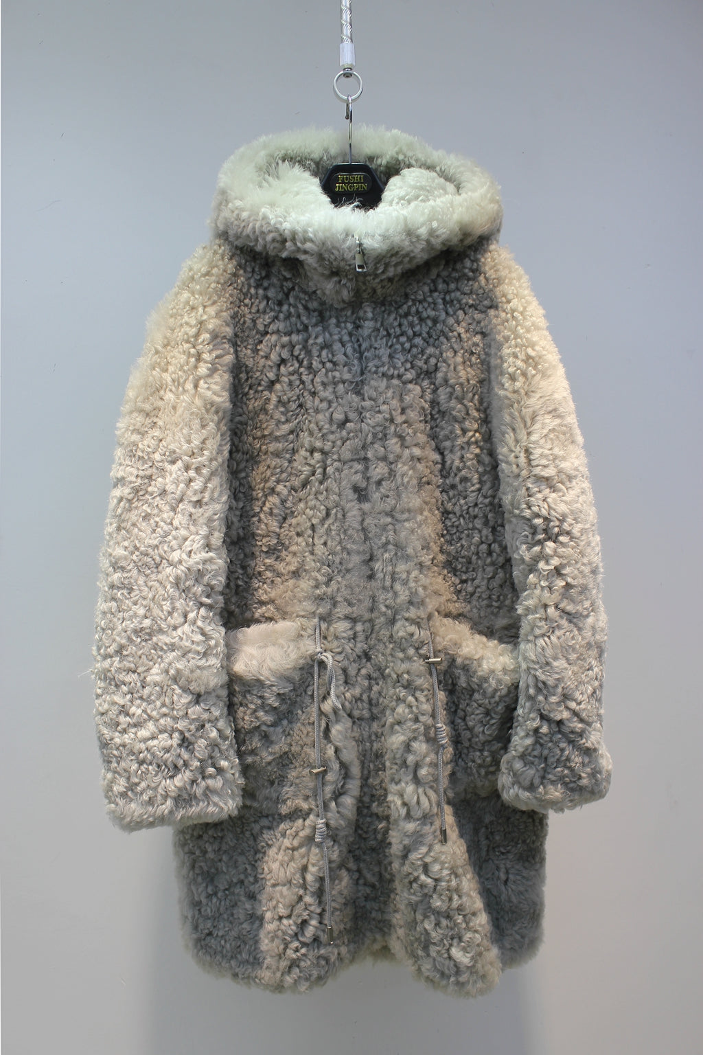 Icelandic imported sheepskin all-in-one Nordic style hooded mid-length fur coat