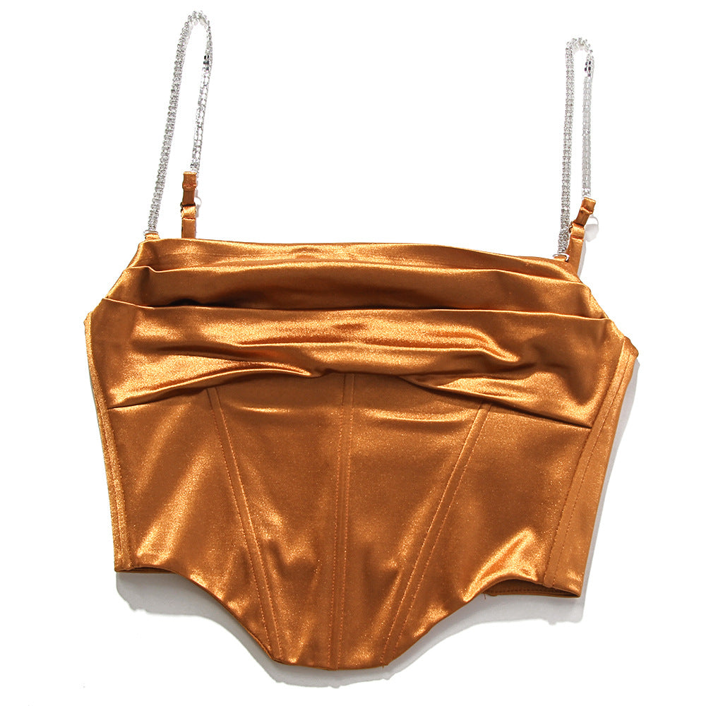 Satin and rhinestone strap midriff-baring slim-fit outer bra