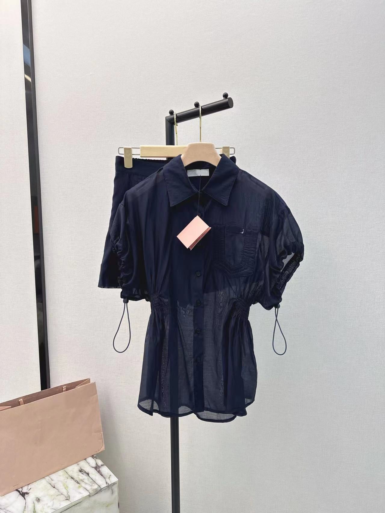 Girly style letter embroidered lapel short-sleeved sun protection shirt and shorts suit