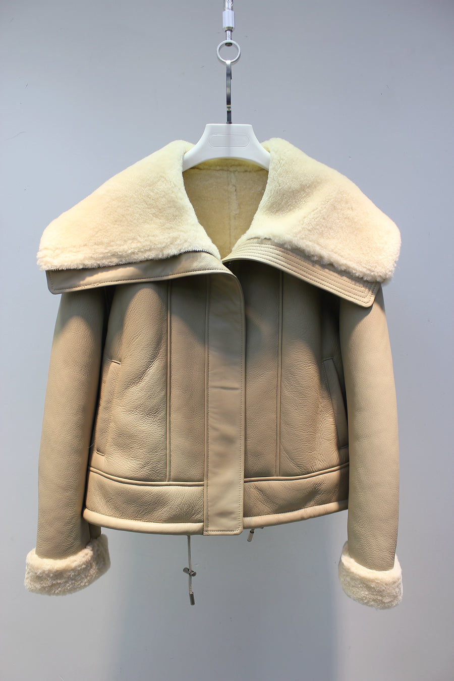 Lmported sheepskin one-piece large lapel motorcycle jacket lambswool coat