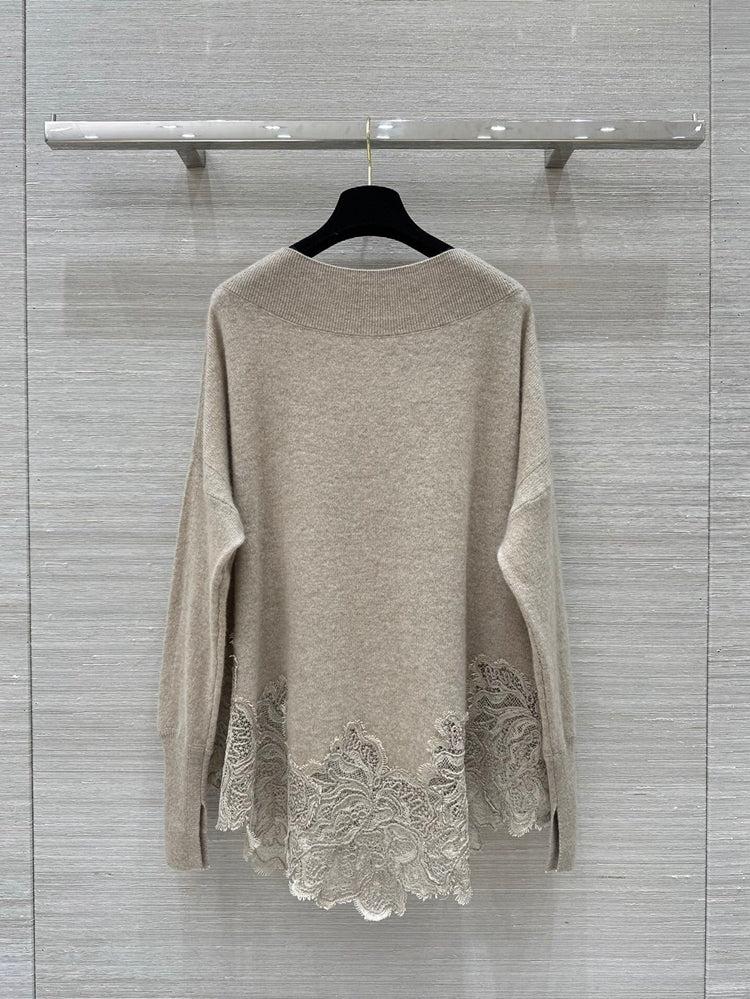 Crew neck lace appliqué cashmere sweater