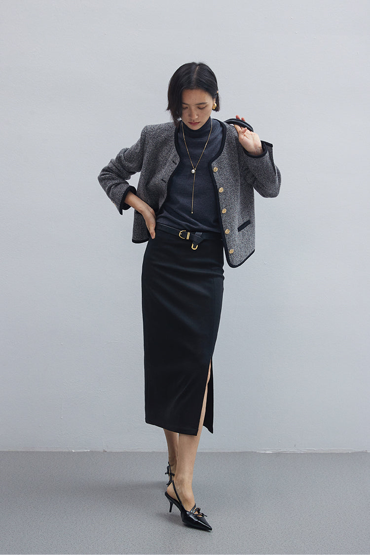 Straight stretch knitted wool pencil skirt with high fine count Australian wool