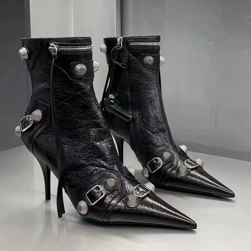 Metal studded tassel slim biker boots