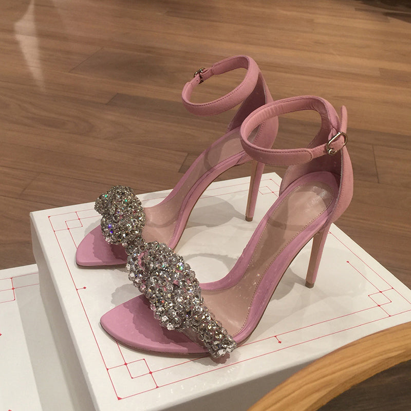 Lrregular square toe rhinestone high heel sandals