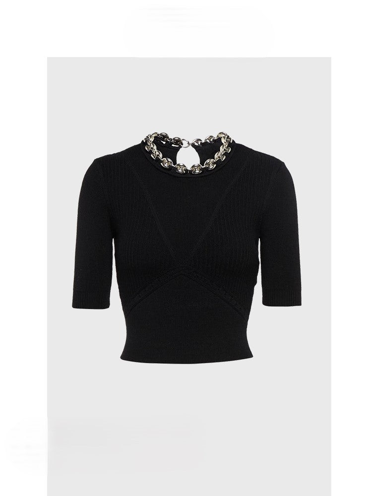 Black sweater short style stitching chain design