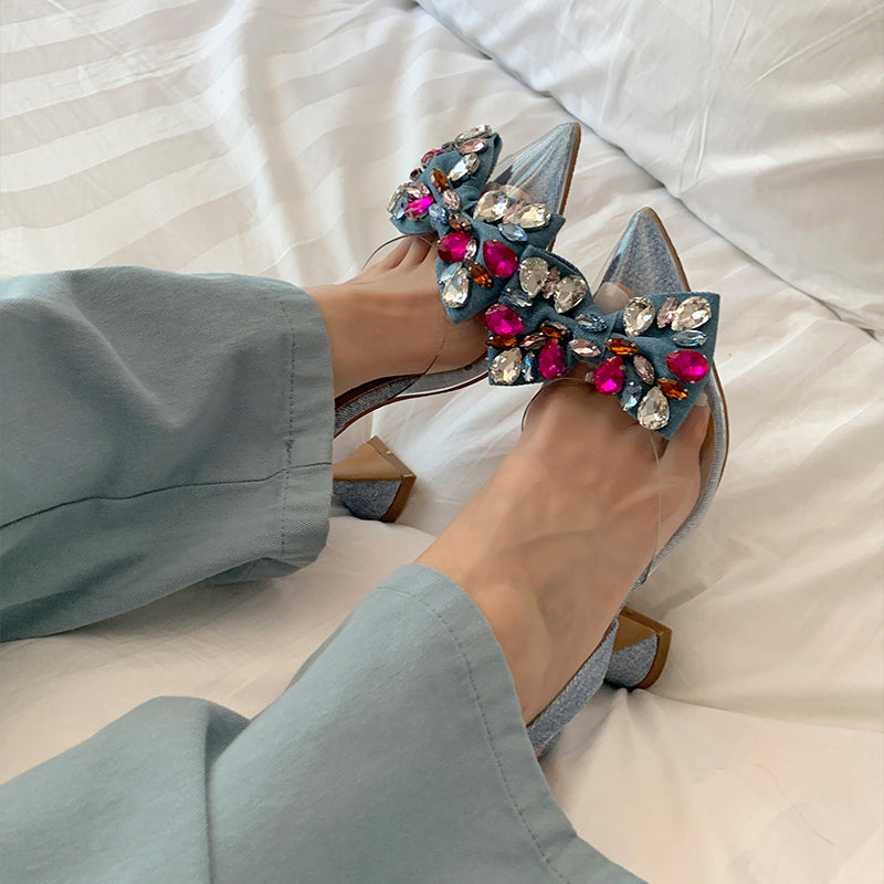 Transparent colorful rhinestone pointy toe sandals