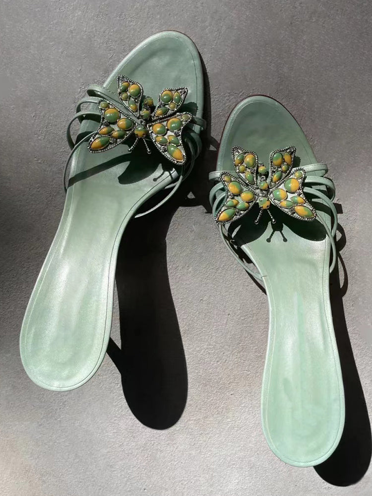 Niche metal butterfly decorated thin heel open toe flip flops