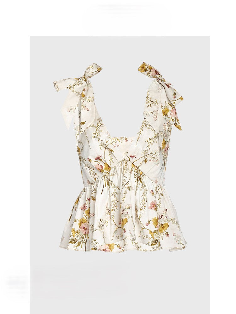 French floral halter top with retro temperament hot girl style