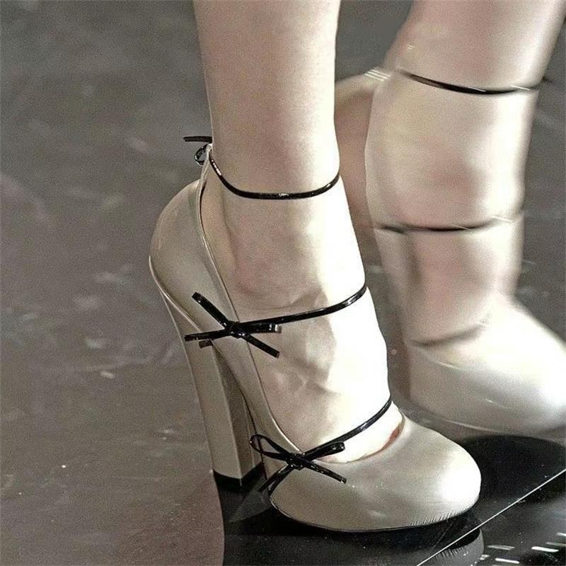 Milk tea color shiny thick heels European and American socialite Mary Jane