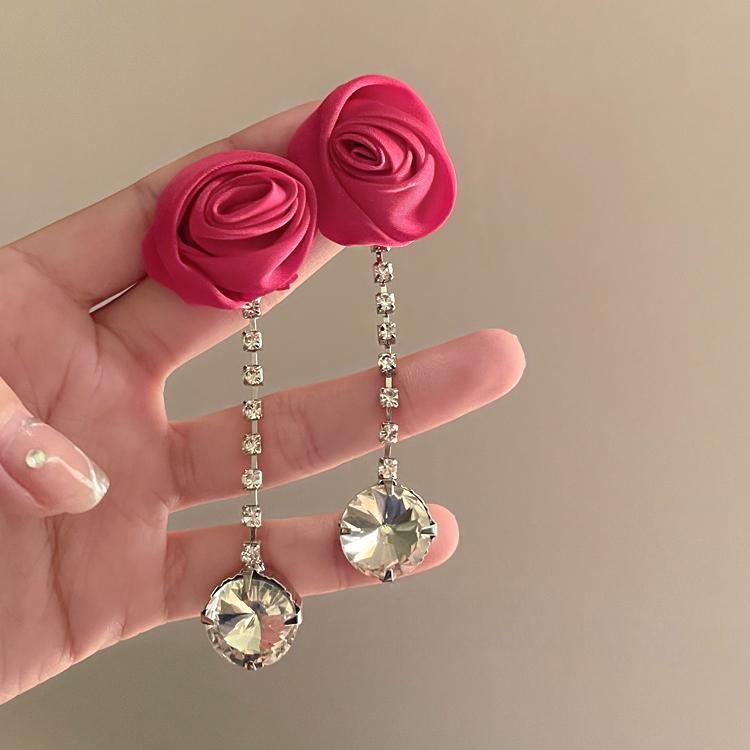 Polish Rose French Retro Satin Three-dimensional Flower Earrings Zircon Flash Diamond Long Tassel Earrings