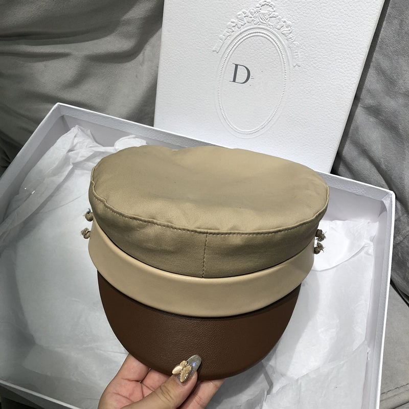 Versatile octagonal hat with leather brown peaked cap