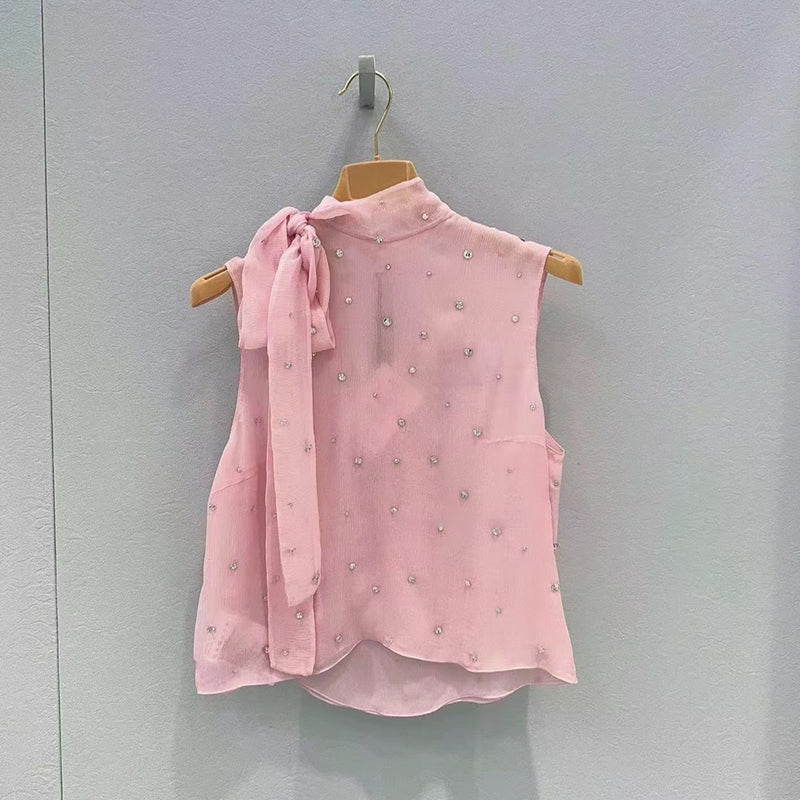 Sweet pink heavy duty rhinestone lace-up sleeveless tank top