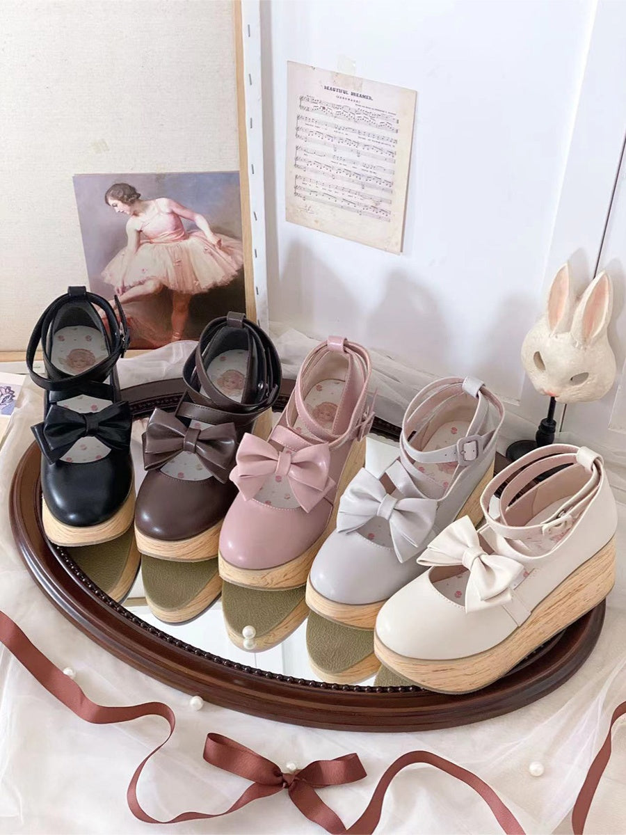Wood Grain Ningyo Hime|White Tea Dream Original Bow Strappy Thick Sole Shoes