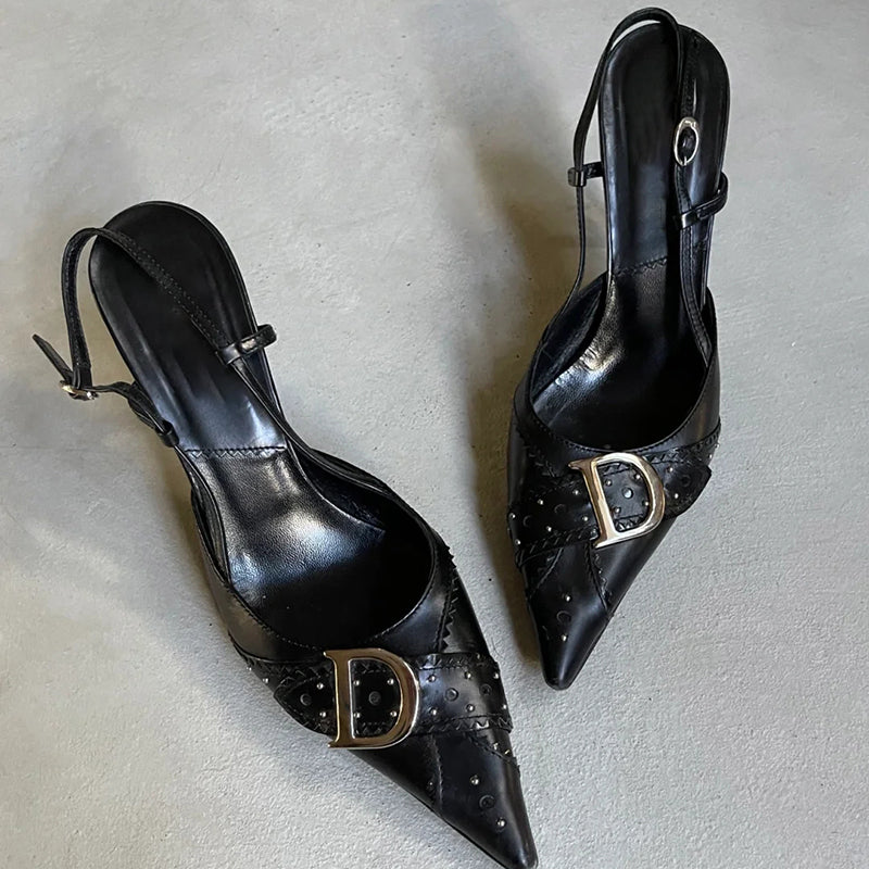 Retro high heels metal D buckle pointed toe back strap buckle stiletto sandals