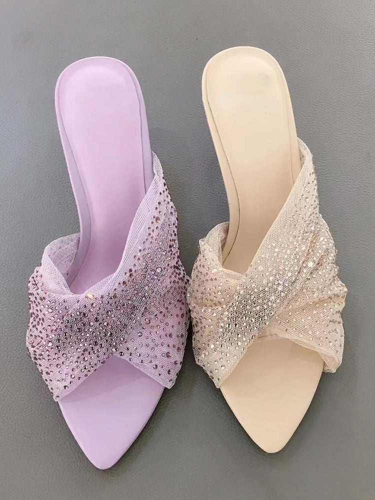 French sweet rhinestone soft gauze stiletto sandals