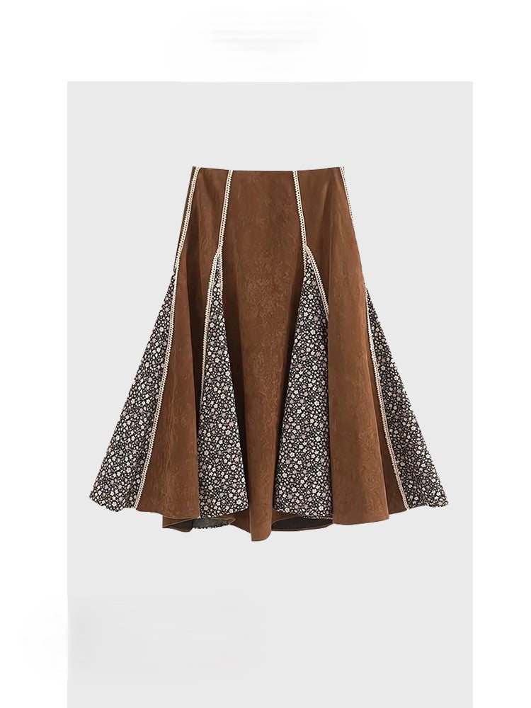 Suede patchwork floral skirt