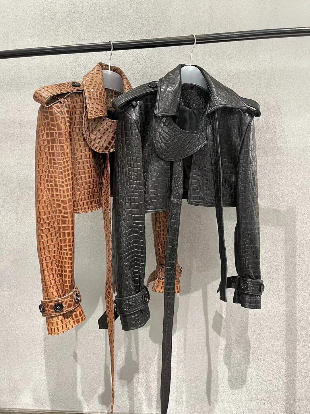 Crocodile print sheepskin leather biker jacket