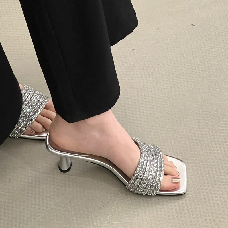 Water brick outer wear medium heel open toe flat slippers