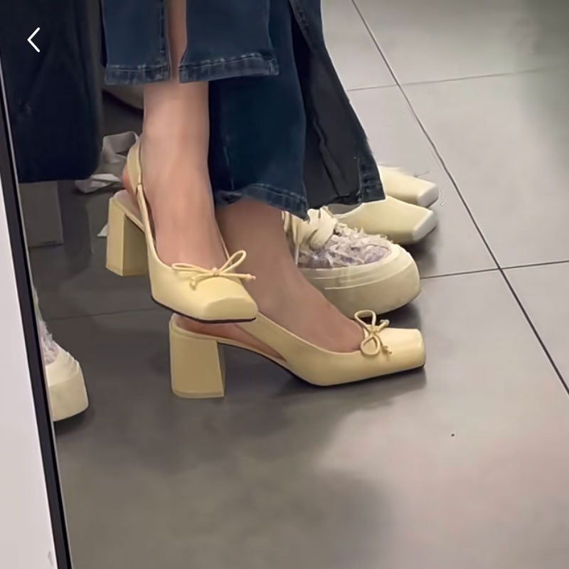 Fairy style square toe thick heel cap toe sandals