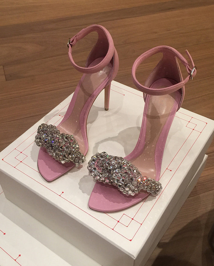 Lrregular square toe rhinestone high heel sandals