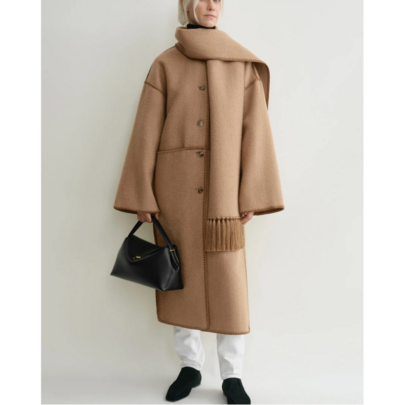 Autumn and winter loose slim camel wool blend embroidered scarf coat