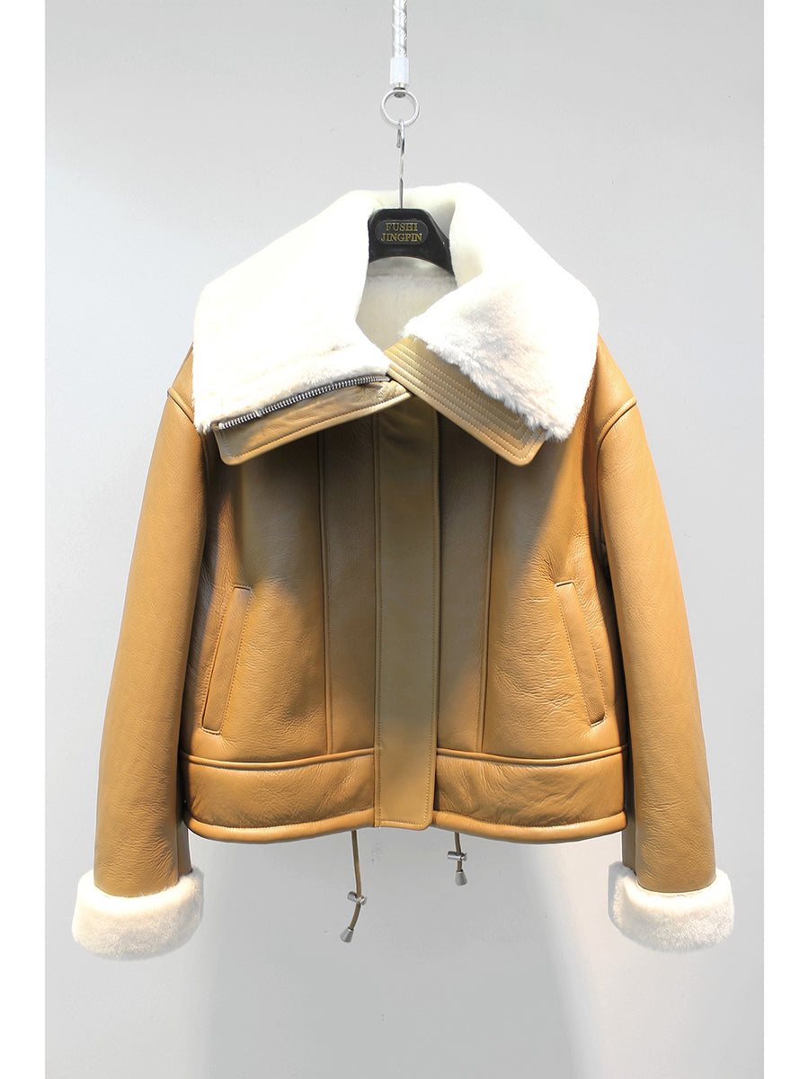 Lmported sheepskin one-piece large lapel motorcycle jacket lambswool coat