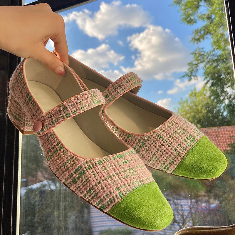 Thick heel color block shallow Mary Jane shoes