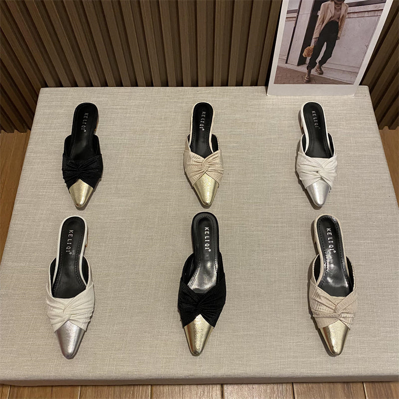 Retro fragrant pleated lady style color block low heel slippers