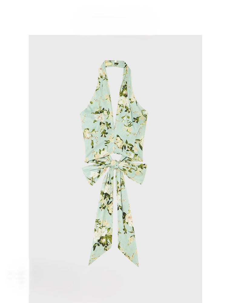 Floral halterneck vest short style temperament hot girl style