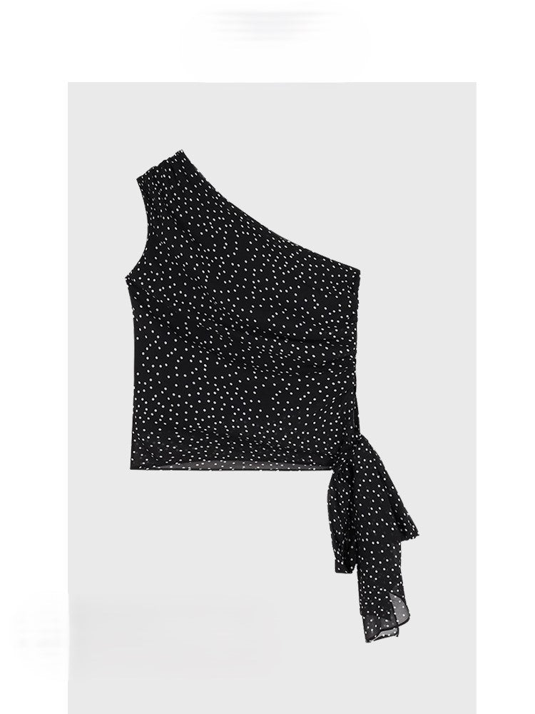 Short black polka dot one-shoulder camisole