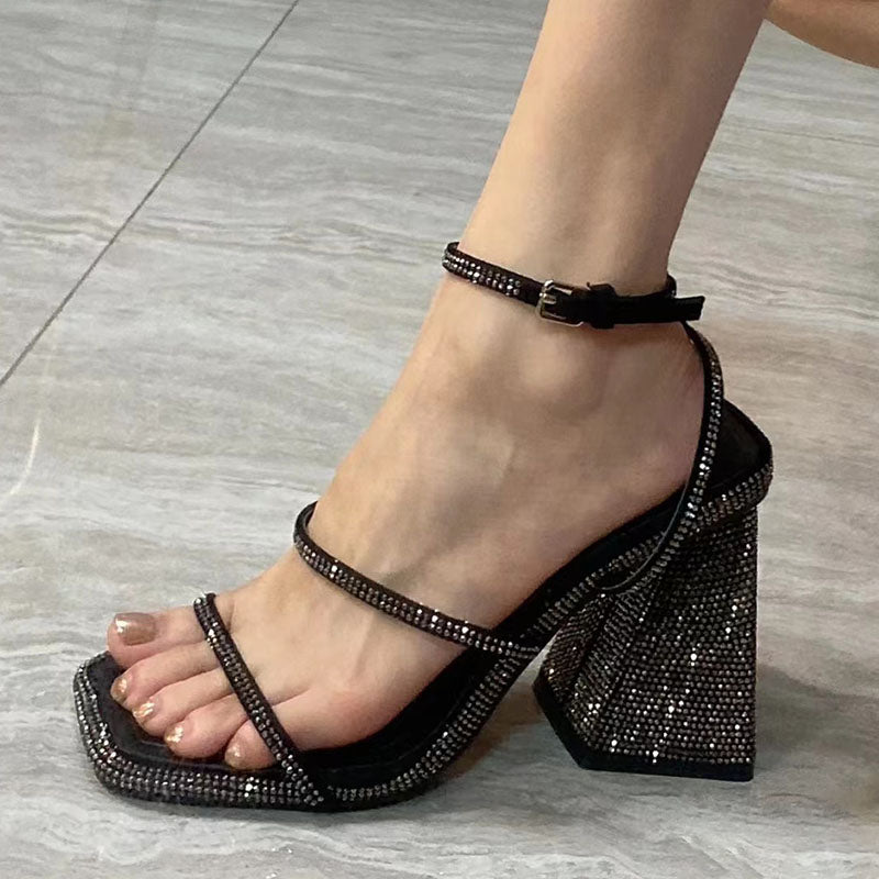 Luxurious rhinestone square toe strappy high heels