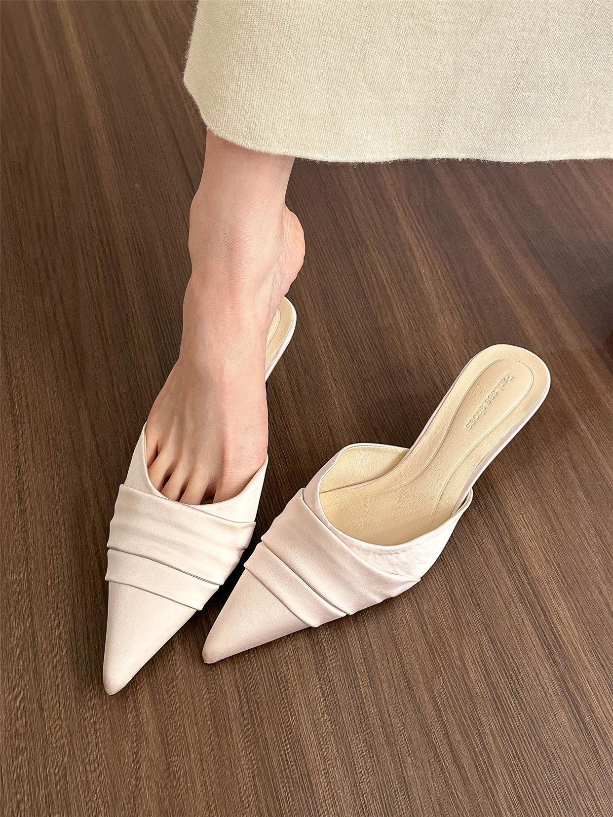 Pointed toe pleated summer outerwear satin stiletto mules