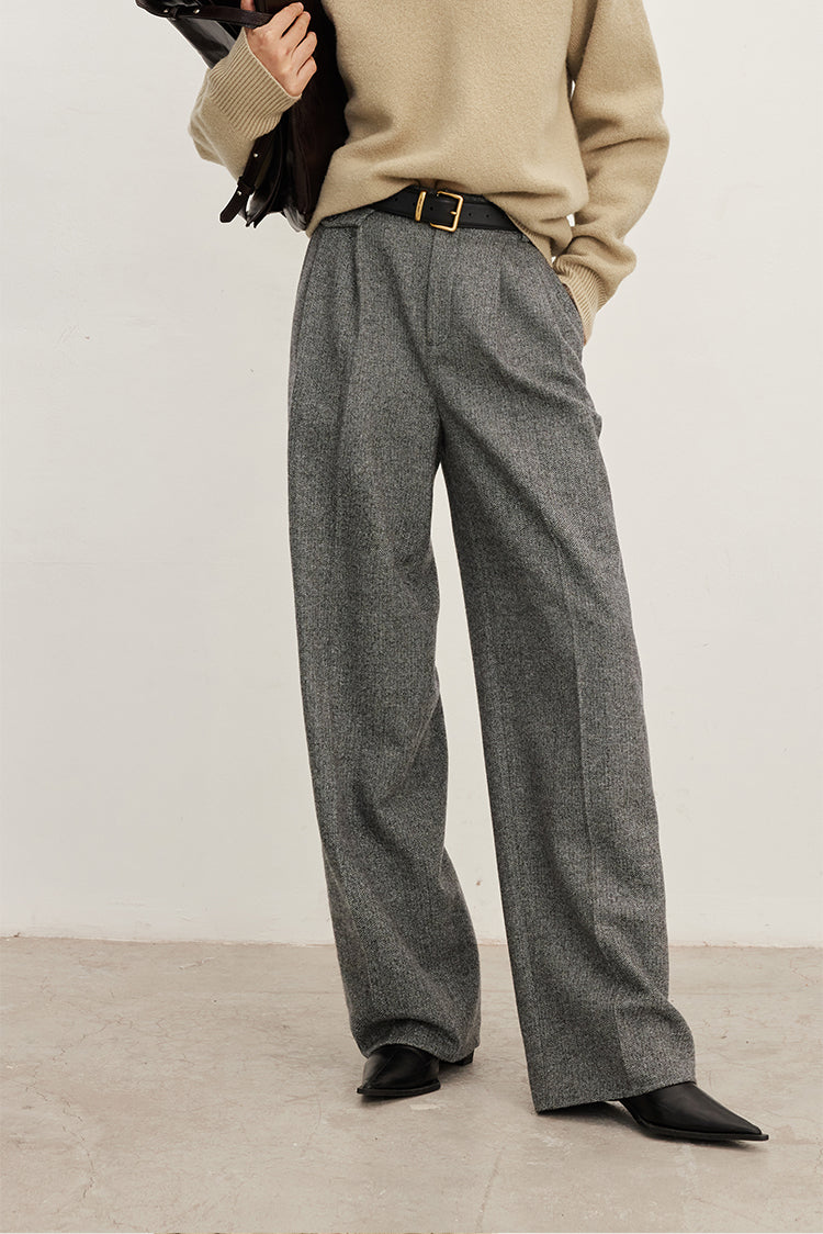 Herringbone pattern Australian wool trousers baggy wide leg trousers
