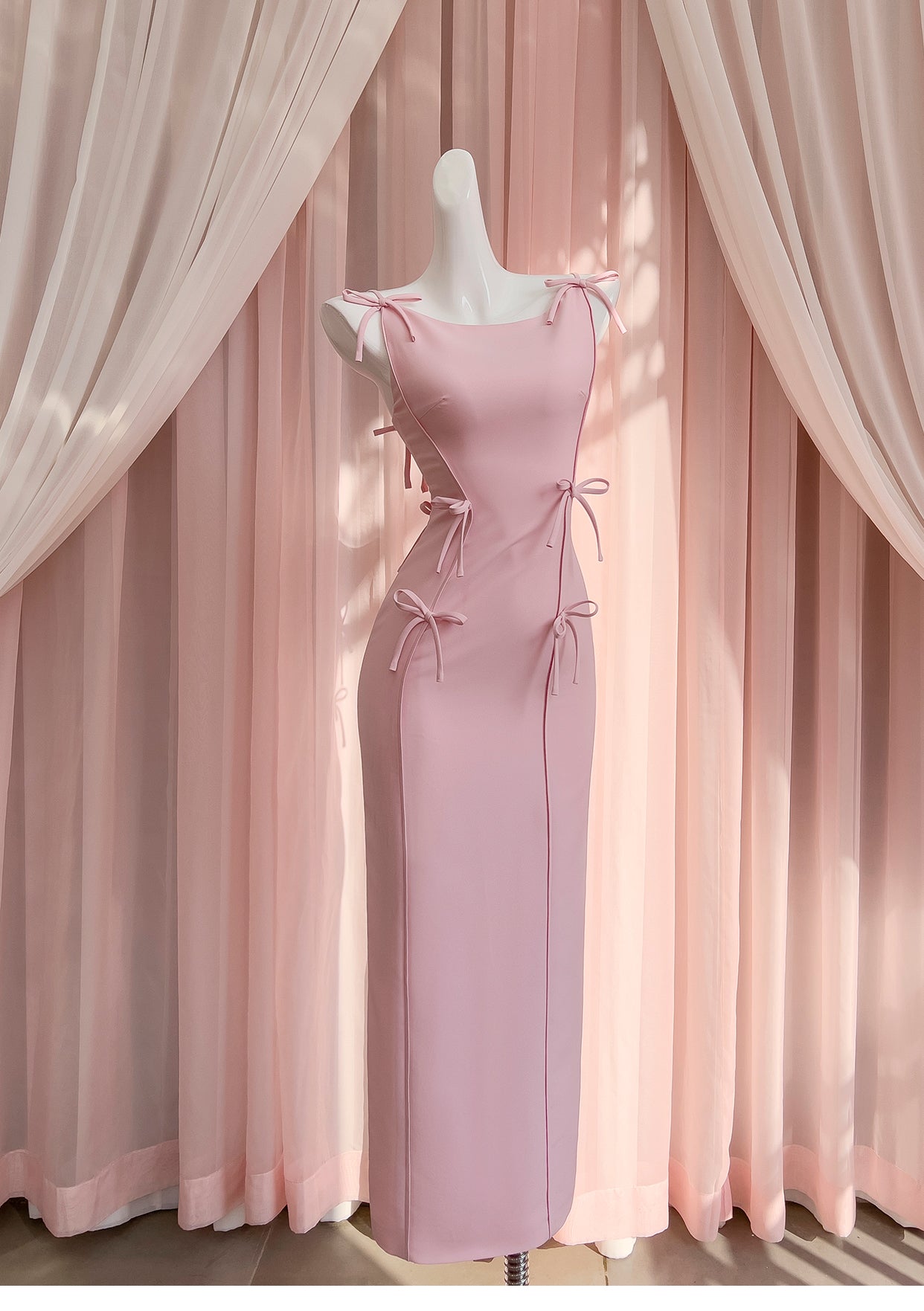 Pink bow waist slimming long dress, high-end suspender dress