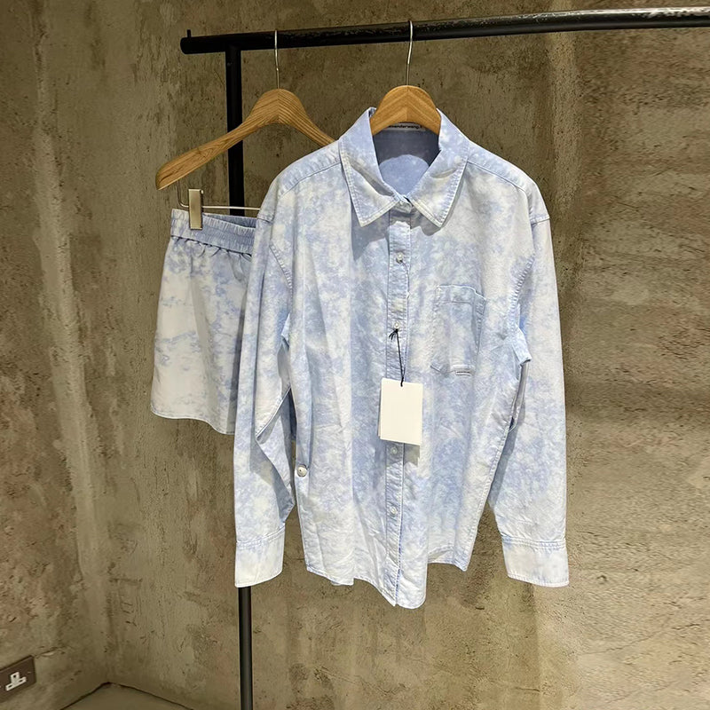 Hong Kong style retro blue tie-dye shirt and shorts two-piece set