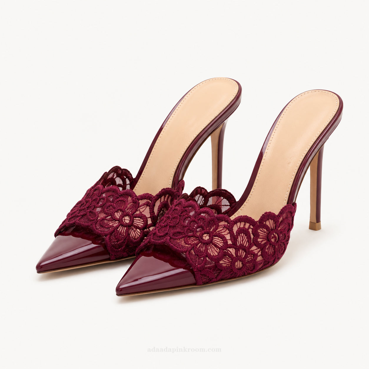 Burgundy Lace Pointed Toe Mule Heels