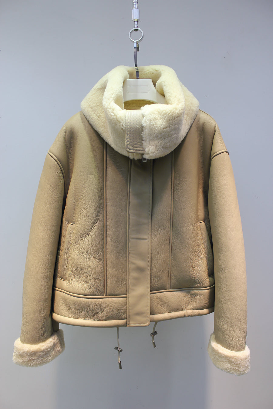 Lmported sheepskin one-piece large lapel motorcycle jacket lambswool coat
