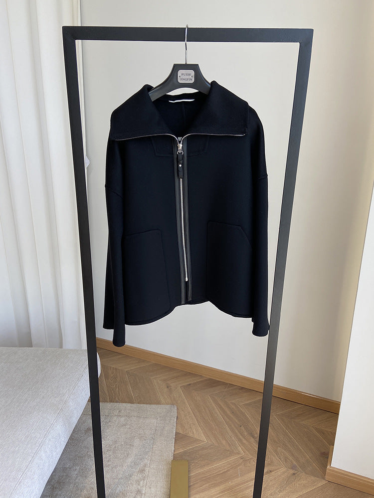 Double-faced cashmere short zip-up coat