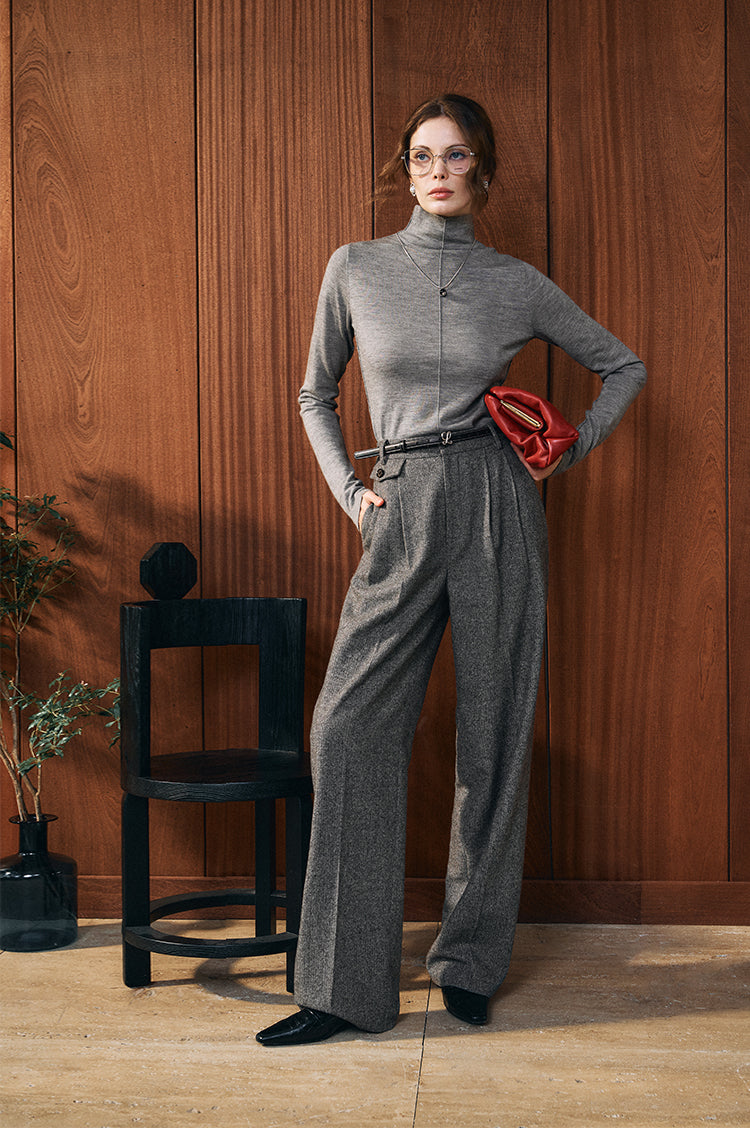 Herringbone pattern Australian wool trousers baggy wide leg trousers